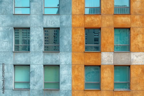 An image capturing the repetitive and balanced arrangement of windows on a high-rise building, exemplifying the geometric aesthetics of urban architecture. Generative Ai.