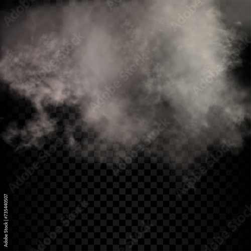 Big dust or smoke. Vector realistic cloud isolated on the semi transparent dark background.