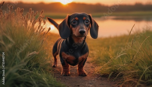 Dachshund dog, dog at dawn, purebred dog in nature, happy dog, beautiful dog photo