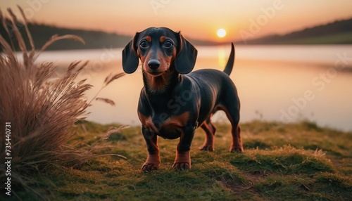 Dachshund dog, dog at dawn, purebred dog in nature, happy dog, beautiful dog photo