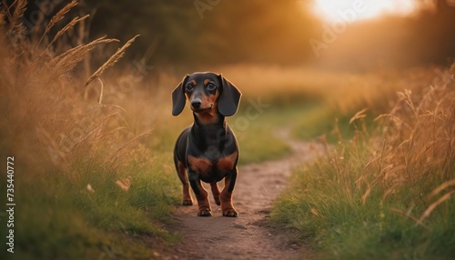 Dachshund dog, dog at dawn, purebred dog in nature, happy dog, beautiful dog photo