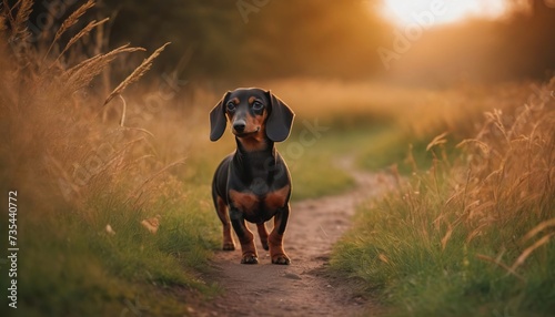 Dachshund dog, dog at dawn, purebred dog in nature, happy dog, beautiful dog