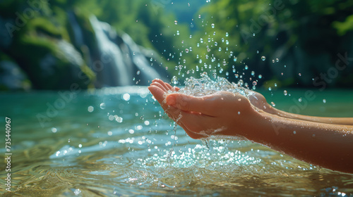 Closeup of woman s hand holding fresh water splashing in the lake