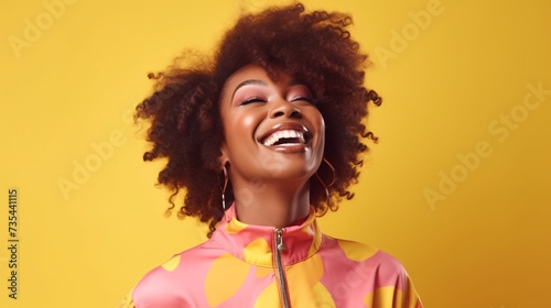 a woman with curly hair laughing