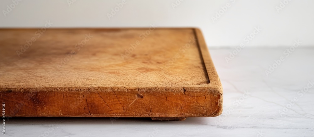A rectangle wooden cutting board made of hardwood is placed on a marble counter in a cuisine setting, ready for ingredient preparation in a recipe for baked goods or a dish. A rectangle wooden cutting board made of hardwood is placed on a marble counter in a cuisine setting, ready for ingredient preparation in a recipe for baked goods or a dish.