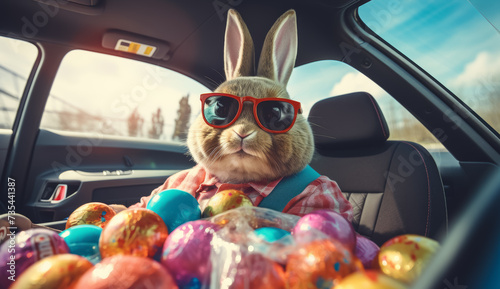 cool Easter bunny in sunglasses with his eggs sitting in the car. cartoon character