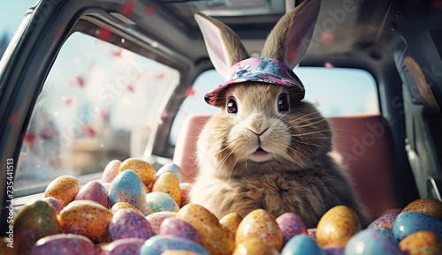 funny Easter bunny in sunglasses with his eggs sitting in the car. cartoon character photo