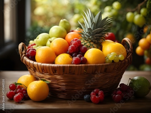 Basket of fresh fruits on wooden table in the kitchen