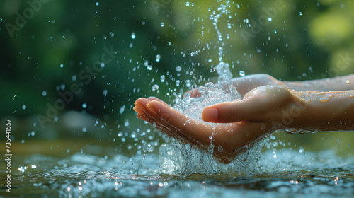 Closeup of woman s hand holding fresh water splashing in the lake