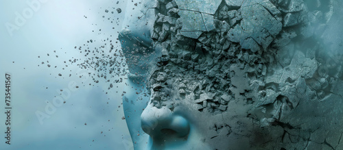 Disintegration of Human Face into dust Particles - Self Destruction and Fall of Society values morals concept photo