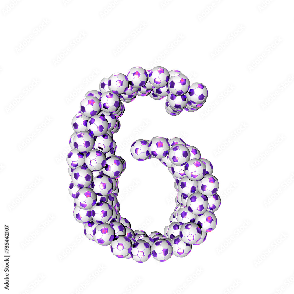 Symbol made from purple soccer balls. number 6 Symbol made from purple soccer balls. number 6