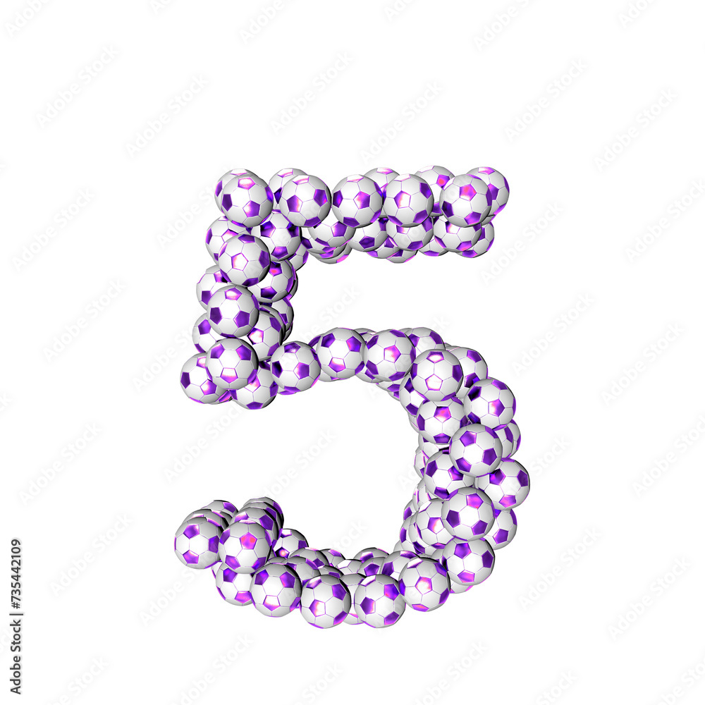 Symbol made from purple soccer balls. number 5 Symbol made from purple soccer balls. number 5