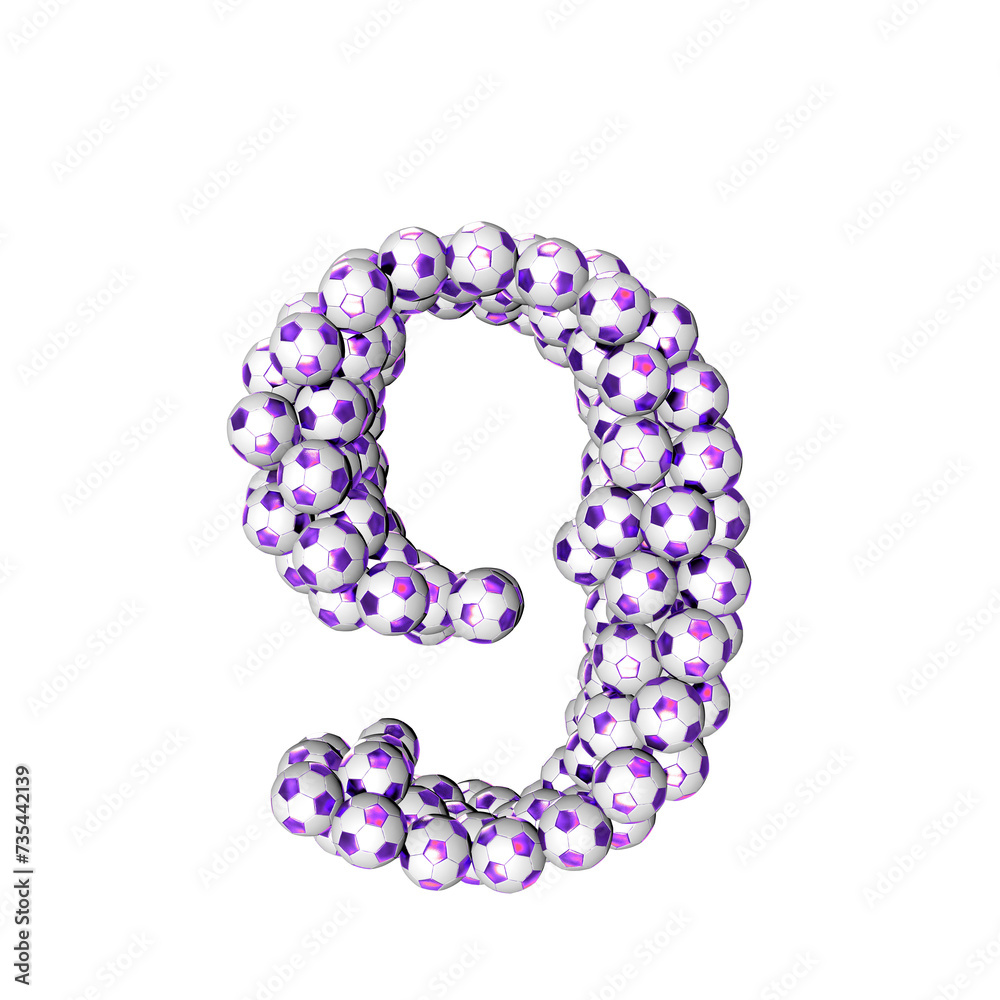 Symbol made from purple soccer balls. number 9 Symbol made from purple soccer balls. number 9