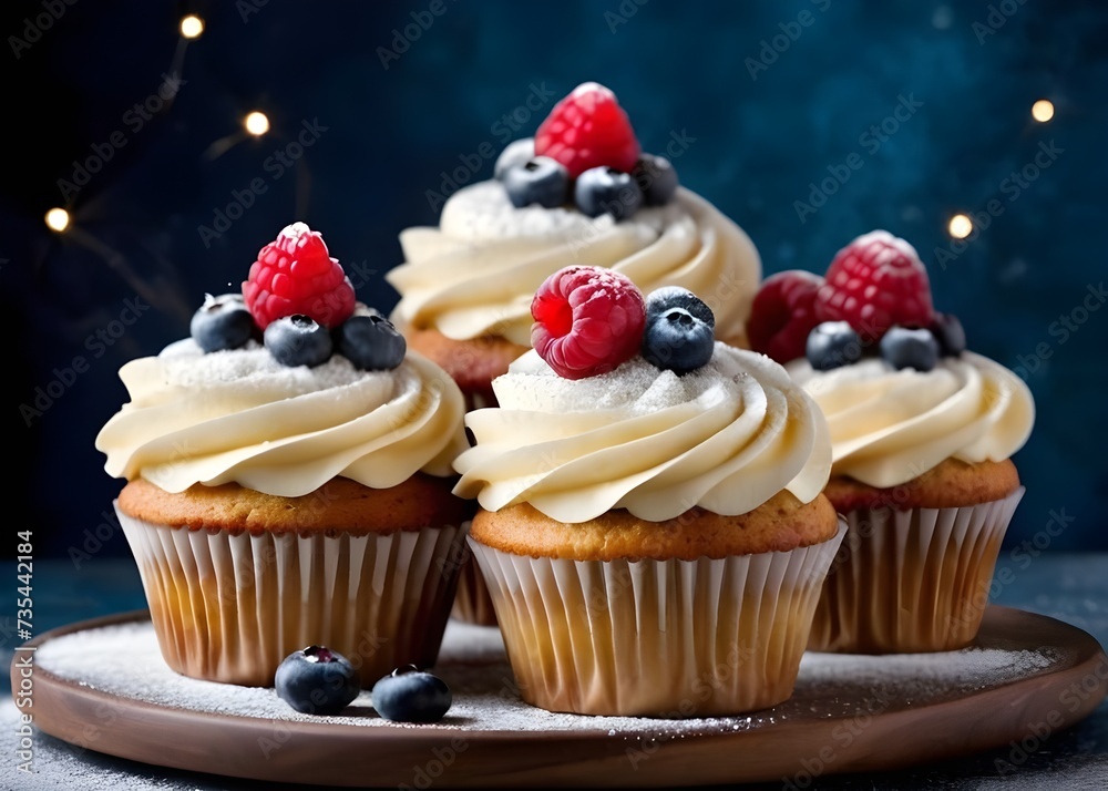 Blueberry and raspberry muffins with whipped cream and fresh berries. sweet food and desserts