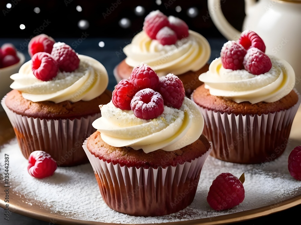 Raspberry muffins with whipped cream and fresh berries. sweet food and desserts