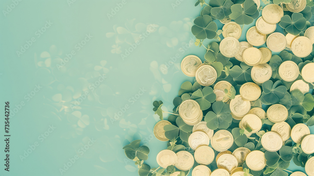 A green-themed backdrop adorned with clover leaves and golden coins for St. Patrick's Day, with copy space A green-themed backdrop adorned with clover leaves and golden coins for St. Patrick's Day, with copy space
