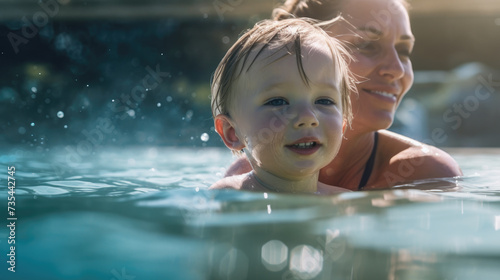 Woman is holding her baby in water. The mother and child are both smiling as they enjoy their time together in pool or lake.