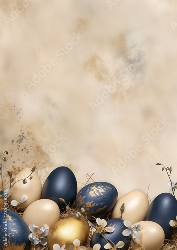 A sophisticated corporate Easter card design, featuring a collection of dark blue, beige, and gold Easter eggs nestled among spring flowers, against a textured beige backdrop, blank area.