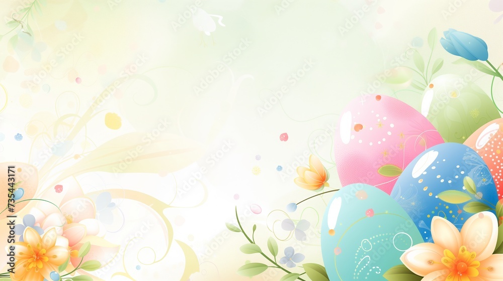 Elegant corporate Easter background designed for message inclusion, featuring abstract floral designs and pastel Easter eggs on a light, airy backdrop