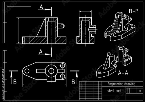 Vector drawing of a steel mechanical part with through holes
and dimension lines.
Engineering cad scheme. Technical template. 3d model.  Cross section.