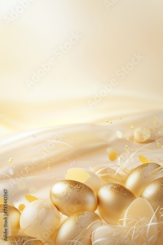 A corporate Easter promotional poster, with an elegant arrangement of Easter eggs in shades of gold and cream, highlighted by soft backlighting, against a luxurious cream-colored bckgrd. Blank space. photo