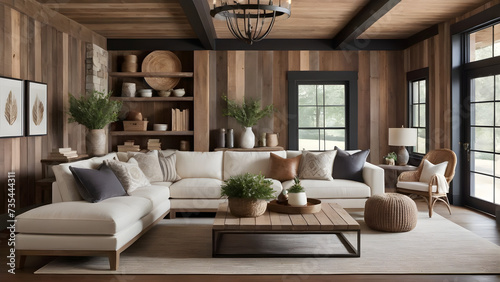 interior design,bed,living room,armchair,carpet,Farmhouse: Rustic wood, vintage decor, neutral hues, and cozy textiles for a charming, country-inspired aesthetic,Generative AI