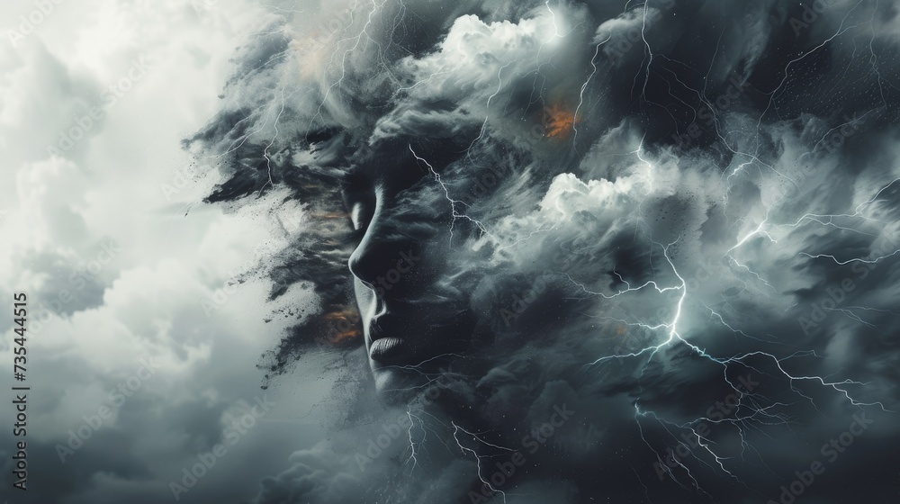 A fierce storm brews behind a woman's face, as the sky rumbles with clouds and lightning, showcasing the power and beauty of nature