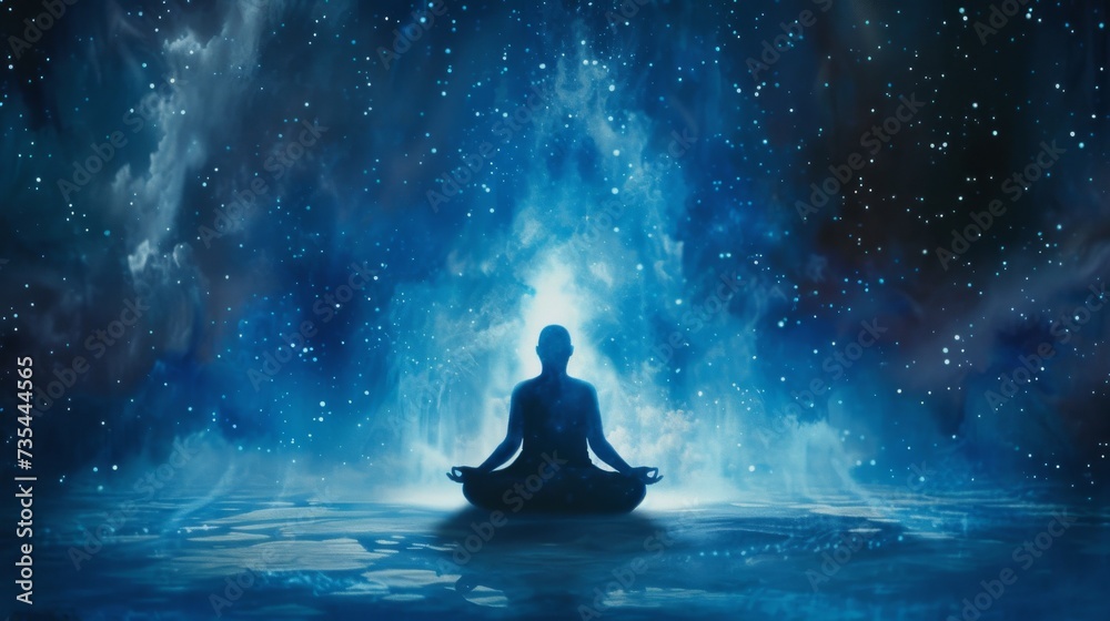 A serene soul finds balance and connection amidst the vast expanse of water and twinkling stars while sitting in a lotus position
