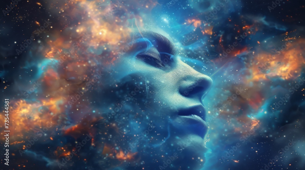A woman's face emerges from a swirling nebula of blue smoke, reflecting the vastness and beauty of the universe