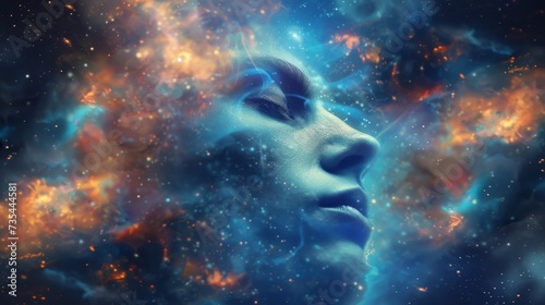 A woman's face emerges from a swirling nebula of blue smoke, reflecting the vastness and beauty of the universe