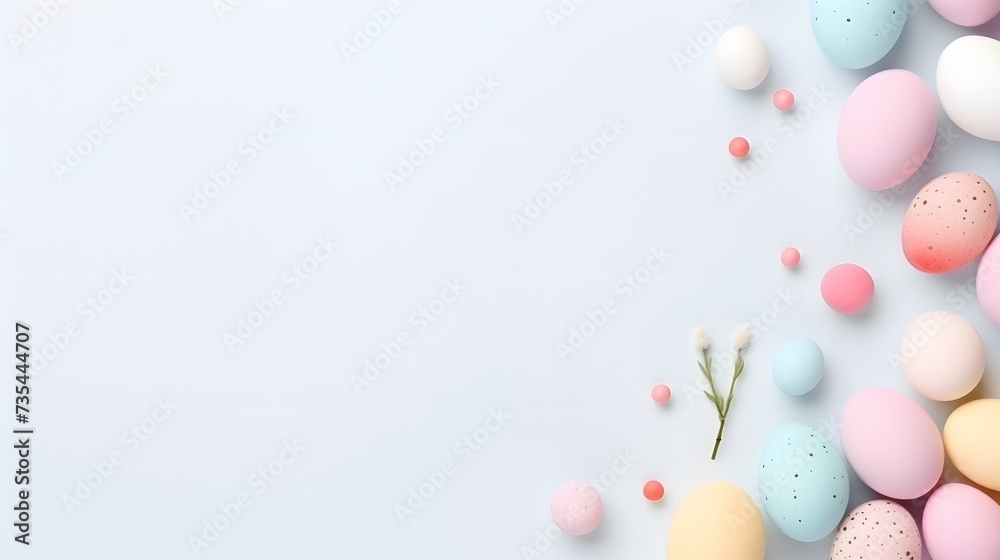 Easter 2024 pastel background with eggs on top border copy space top view