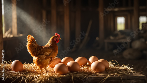 Chicken with eggs in the barn
