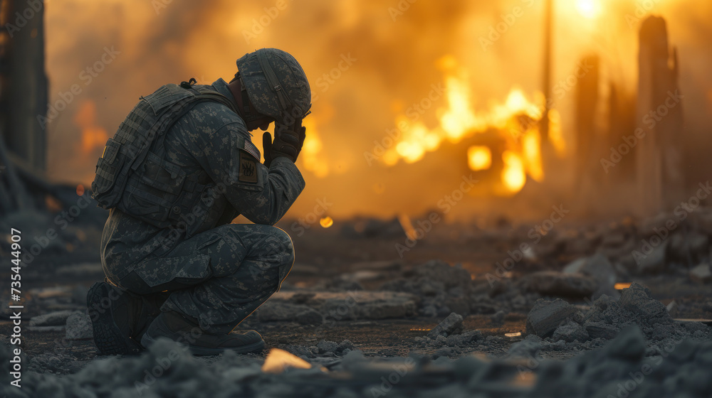 Prayer amidst devastation, soldier finds solace in the ruins of war Prayer amidst devastation, soldier finds solace in the ruins of war