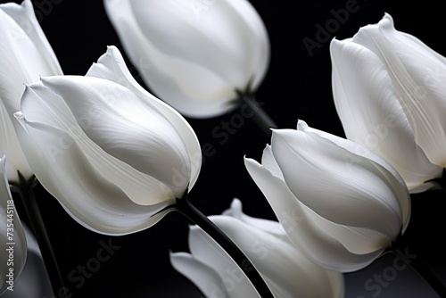 White tulips on black background. 