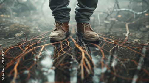 A lone figure braves the wintry fog, clad in sturdy boots, standing amidst a puddle of water in the great outdoors