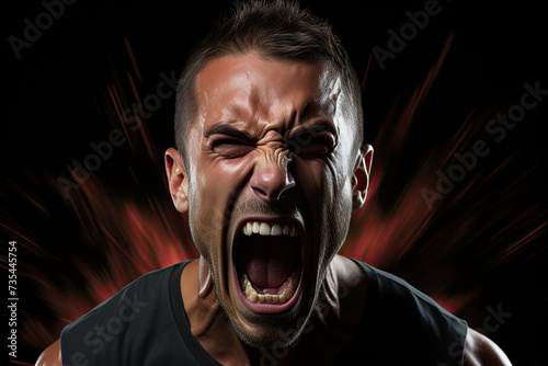 Captured in moment of intense emotion, this image shows man shouting vehemently, his expression embodying raw power and fierce determination against an abstract, dark backdrop.