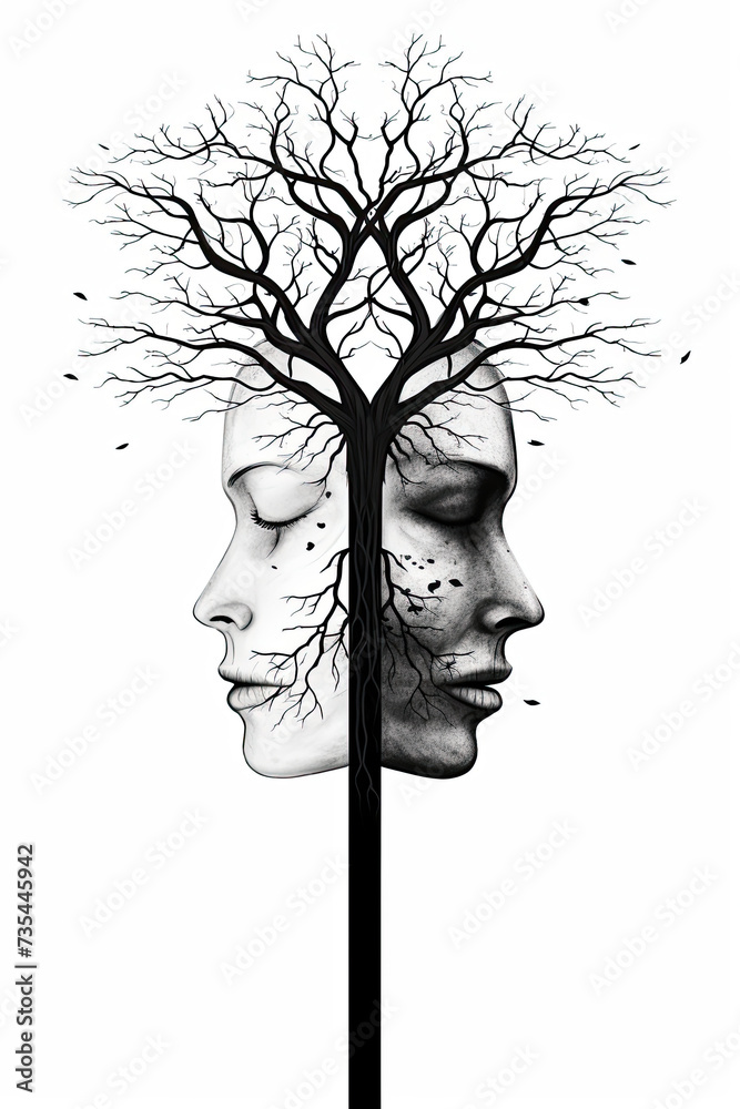 Mesmerizing drawing featuring two faces interconnected by bare tree, encapsulating intertwining beauty of human connections and the natural world.