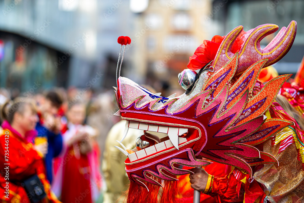 Dragon dance during Chinese lunar year celebrations in London, England