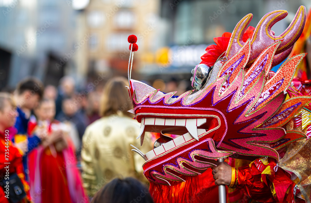 Dragon dance during Chinese lunar year celebrations in London, England