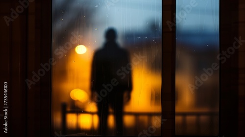A lone figure stands in the dark, illuminated by the faint glow of a distant streetlight, their silhouette framed by the window behind them