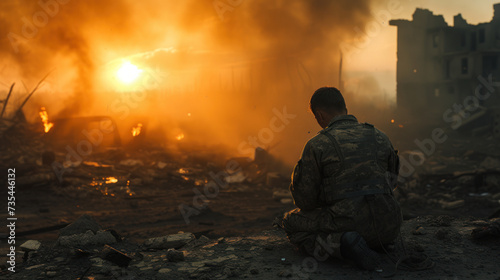 Prayer amidst devastation, soldier finds solace in the ruins of war photo
