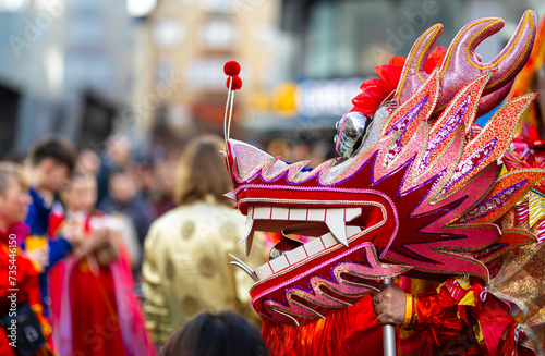 Dragon dance during Chinese lunar year celebrations in London, England