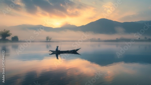 As the sunrise breaks through the fog, a lone figure navigates their canoe across the still waters of the lake, surrounded by majestic mountains and a serene landscape