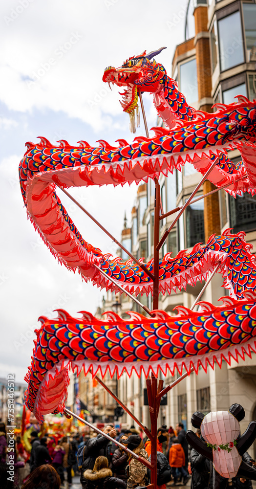 Dragon dance during Chinese lunar year celebrations in London, England