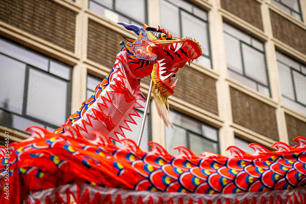Dragon dance during Chinese lunar year celebrations in London, England