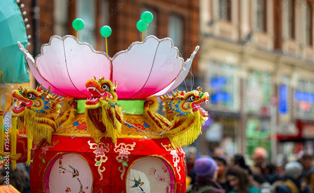 Dragon dance during Chinese lunar year celebrations in London, England