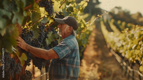 In the midst of a picturesque vineyard, a man clad in autumn attire delicately plucks ripe grapes from the vine, preparing to craft a bottle of fine wine