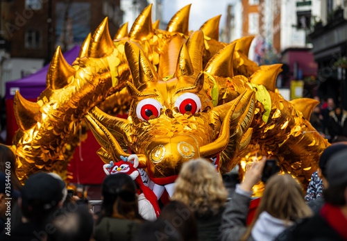 Dragon dance during Chinese lunar year celebrations in London, England