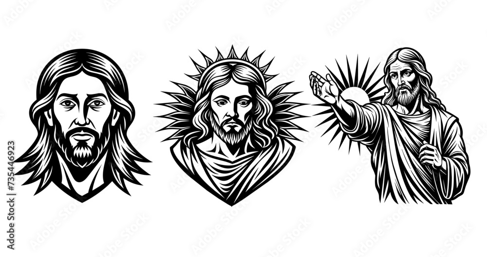 Face of Our Lord Jesus Christ. Vector set linocut art illustration Face of Our Lord Jesus Christ. Vector set linocut art illustration