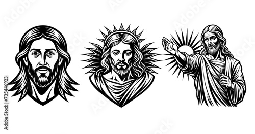 Face of Our Lord Jesus Christ. Vector set linocut art illustration 